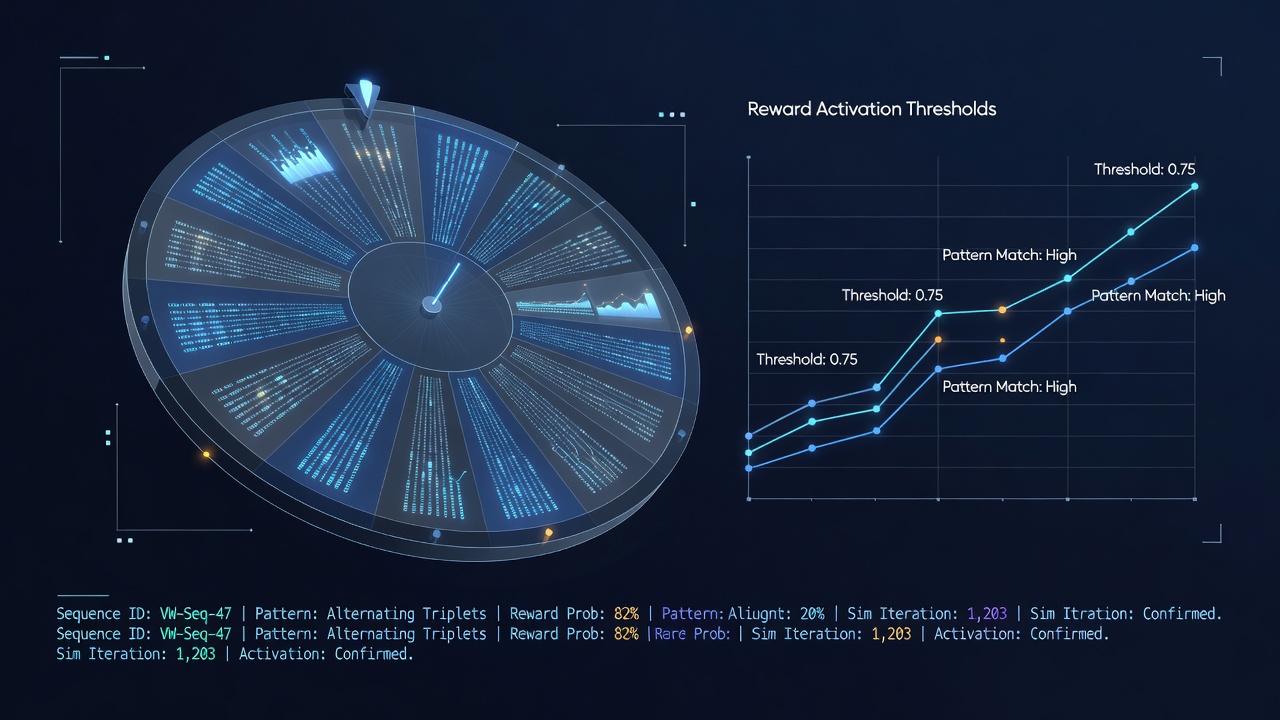 Graphs and charts comparing reward activation thresholds and sequence pattern correlations across iOS, Android, and desktop platforms