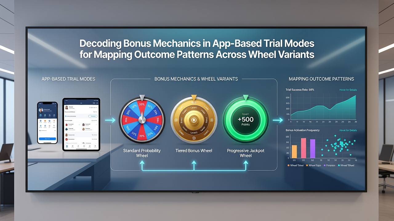 Data visualization of bonus outcome patterns mapped across multiple wheel variants in trial mode